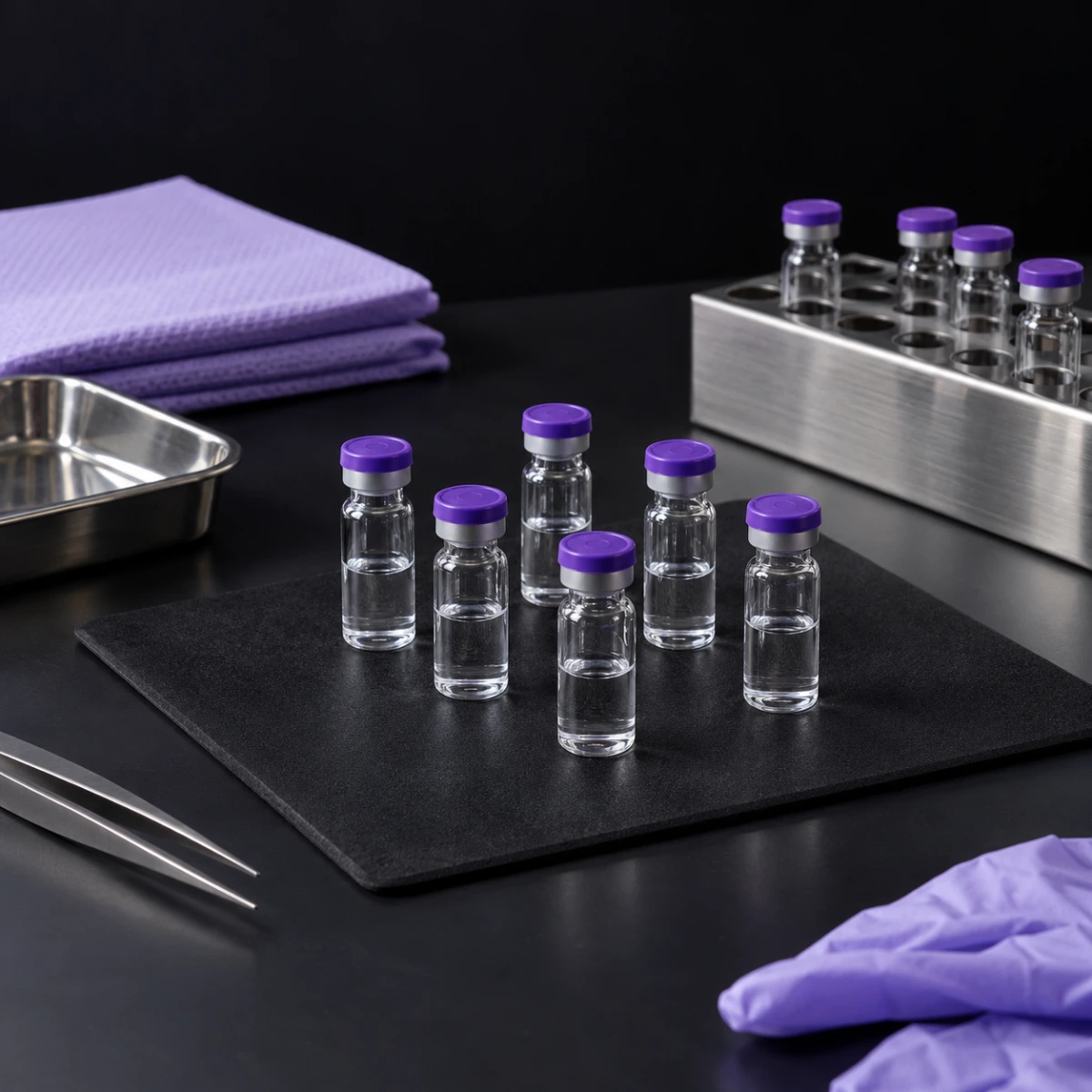 Purple-capped research vials and a stainless steel preparation rack
