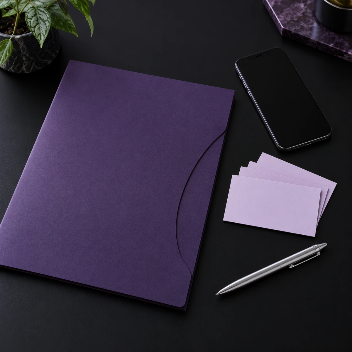 Purple partner folder and referral cards beside a phone and pen