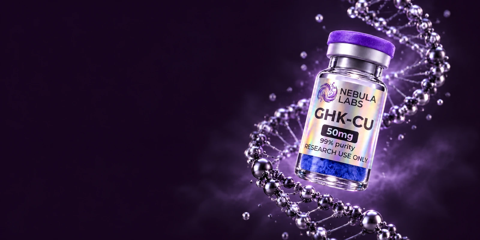 GHK-CU 50mg research vial framed by a chrome molecular helix in lavender light