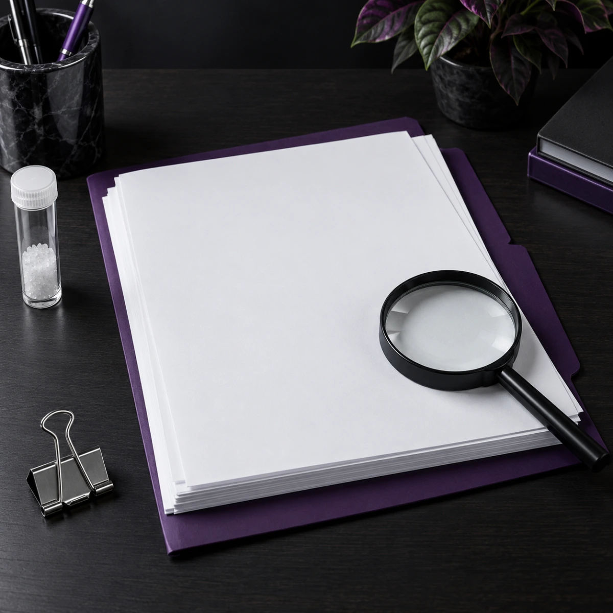 Technical document folder with blank pages and a magnifying glass